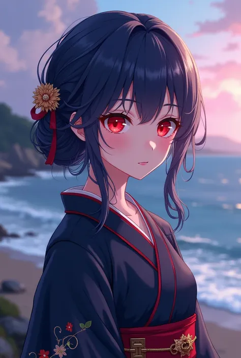 Criand a  de anime, ruby eyes,  and dark blue-violet hair , loose. May the coast arrive . and a. And an ancient Japanese uniform .  And a mystery vibe. And the girl is . series 