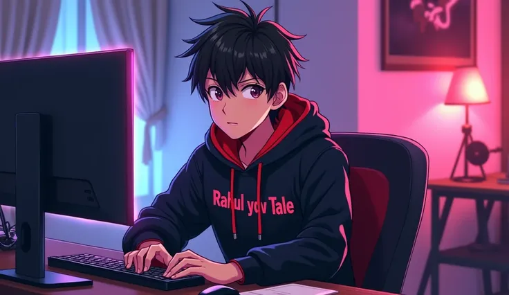 
Create an image of a vibrant and engaging anime-style 18-year-old boy with a appearance, sitting at a modern computer desk. He is wearing a black and red hoodie with the Channel Name Rahul ydv Tale written on it. The desk setup includes a laptop placed in...