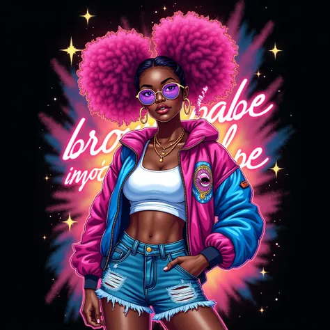 black background,creative,dynamic playful,vibrant colorful pop art,neon style,street urban vibe T-shirt design feature a catchy young Black woman with pink curly hair styled in two buns,glowing with sparkles and light effects,confident pose,She wears gloss...