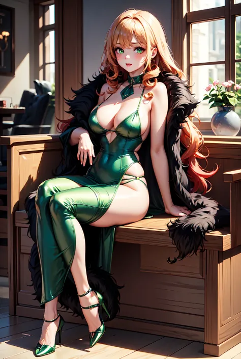 Female human. Green Satin slip dress. green high heels. black fur shawl. Green eyes. long red curly hair with bangs. Hourglass body. Youthful Beauty. Soft, Peachy Skin Tone.