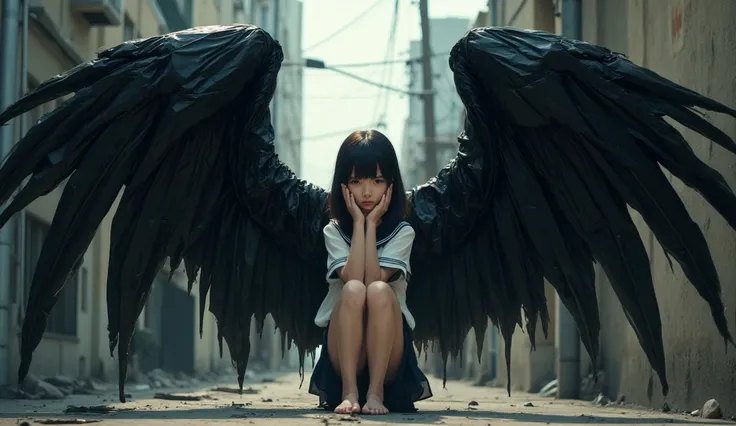 A high school girl in a Japanese sailor uniform sitting like "The Thinker," facing left. She has massive angel wings made of black plastic garbage bags, dragging across the ground to the right. The wings are tattered and wrinkled, creating a somber and mel...