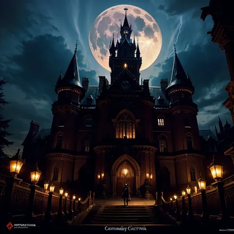 A dark and gothic game cover for *Castlevania: Symphony of the Night* on the PlayStation. The background features a silhouetted castle with sharp, spired towers set against a stormy purple sky illuminated by streaks of lightning. A glowing full moon adds a...