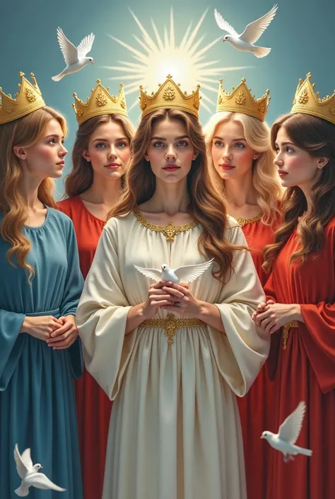 Ruah , holy spirit, pigeon, breath, god, Good, Lord,  community combines ,  princess , eight girls ,  different girls ,  different hairstyles ,  different faces , Love,  white-blue-red colors, care, the , church,  crowns on their heads,  are smiling, eight...