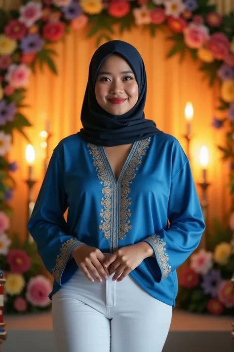 Young Indonesian woman, smiling, in a blue shirt with gold motif, She has very big breasts,? Very large breast size (1:9), visible cleavage, dark cream hijab, white pants standing slightly tilted and gracefully in front of a wedding backdrop decorated with...