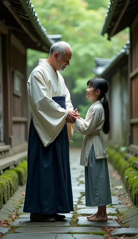 A middle-aged Shinto priest, handsome and serene in his traditional white and navy clothing, stands in conversation with a smiling young girl on the moss-covered stone pavement of a dilapidated shrine. His expression is filled with gentle care, radiating a...