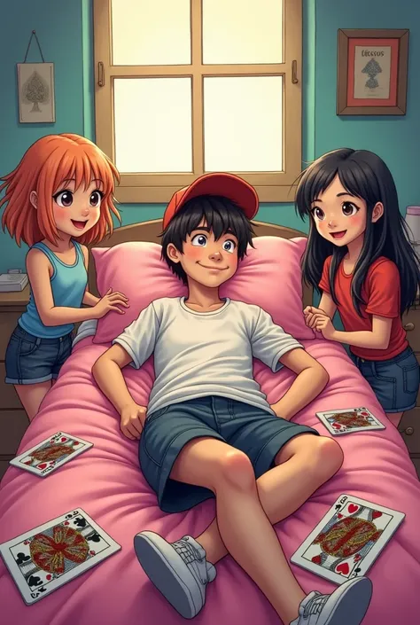 Teenage boy in a cap lying in bed with indecent girls with playing cards scattered around the stage in cartoons