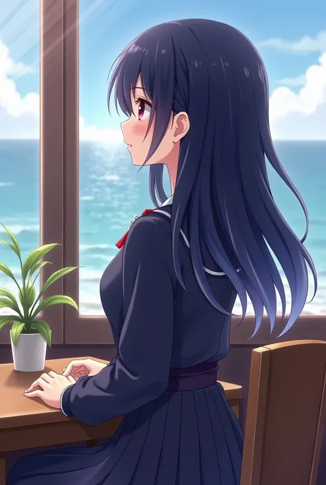 Criand a  de anime, ruby eyes,  and dark blue-violet hair , loose. May the coast arrive . and a. And an ancient Japanese uniform .  And a mystery vibe. And the girl is . In a classroom in front of the window.  smiling