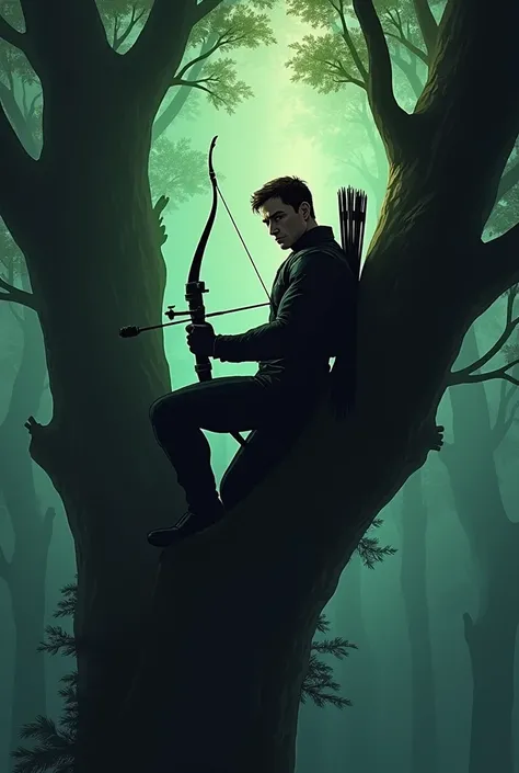 
Vignette 3:
image: hawkeye, on a tree,  with their bow in hand ,  looking forward .
text (hawkeye, thinking): " They are not alone! ;  the forest has eyes ."