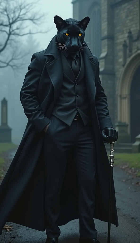 "A humanoid black jaguar with a sleek, muscular build, dressed in an elegant black mafia suit complete with a long flowing coat and a perfectly tailored shirt and tie, exuding an undeniable aura of authority and danger. His dark fur gleams faintly in the d...