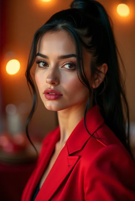 Photo of a beautiful and fit girl with tied black hair wearing a red suit with a Yalda Night theme and looking directly at the camera.