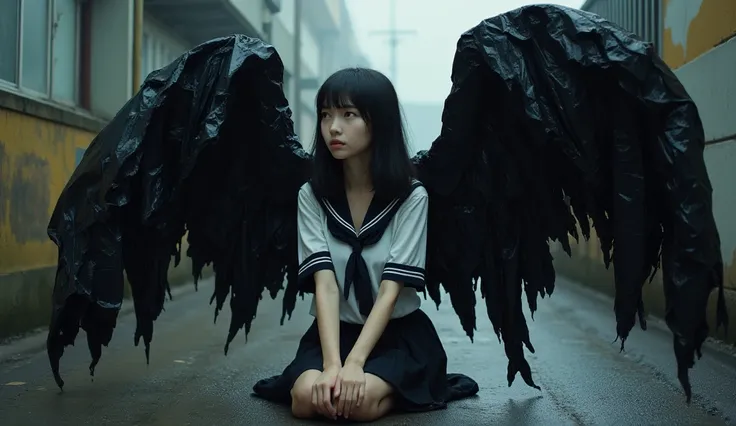 ( A high school girl in a Japanese sailor uniform sitting like "The Thinker," facing left :1.1. She has massive angel wings made of black plastic garbage bags, dragging across the ground to the right. The wings are tattered and wrinkled, creating a somber ...