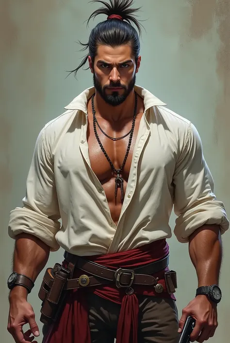 a pirate guy,men bun hair,teenage,facial hair,muscular,giganted muscle,large breast ,one hand holding a Black powder pirate flintlock pistols,เสื้อเชิ๊ตสีขาวเปียกๆ,cool pose,charactor desire,pirate,look at the viewer