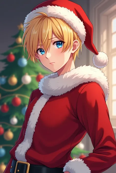 アニメのBlondeの男の子、Blonde、 blue eyes,  is cosplaying Santa Claus、 background is an indoor Christmas tree 、tall anime boy 、 blue eyes, beautiful anime man , Beautiful anime pose ,  anime portrait of an attractive man, Young Anime Guy, Male Anime Characters , Ma...