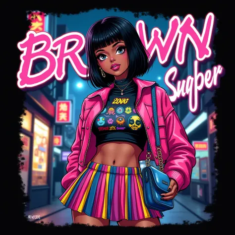 black background,furistic,dynamic playful,vibrant colorful pop art,neon style,street urban vibe T-shirt design feature a catchy young Black woman,She wears a cropped pink jacket adorned with anime-style graphics,a black high-neck shirt with bold colorful d...