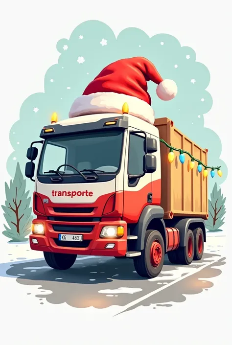 An illustration of a white and red animated truck logo with Christmas decorations, including lights and a Christmas hat on the truck. The truck says "Transporte Madrid."