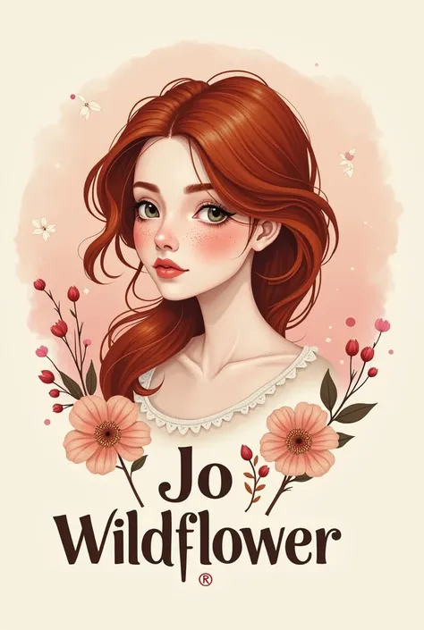 Create a company logo that says "Jo  Wildflower" with a drawing of a white-skinned woman with dark red hair and freckles on her face and that is related to pastry with pink colors.