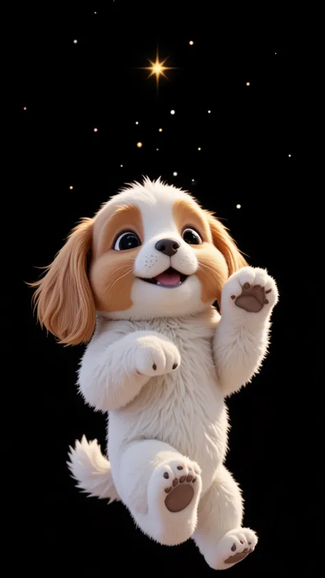 A 3D Pixar-style animation of a white Lhasa Apso puppy with caramel-colored fur around the eyes and paws. The puppy is dancing happily on two paws and looking up at the sky with an expression of hope. The background is a bright starry sky, with a larger an...