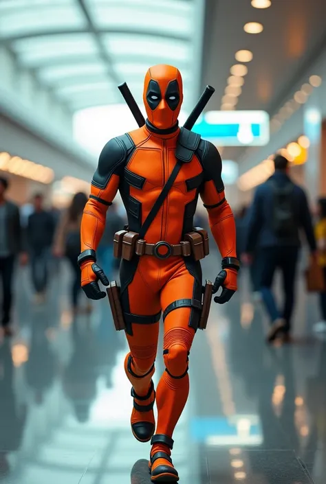 a 17-year-old male wearing an orange deadpool costume,no mask ,visible face , is walking , airport room background , Bright light ,orang orang  is walking ,realistic image,HD quality