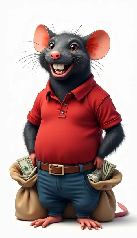 giant rat , Machiavellian smile, red polo shirt,  white background , He has bundles of banknotes in his pants bags