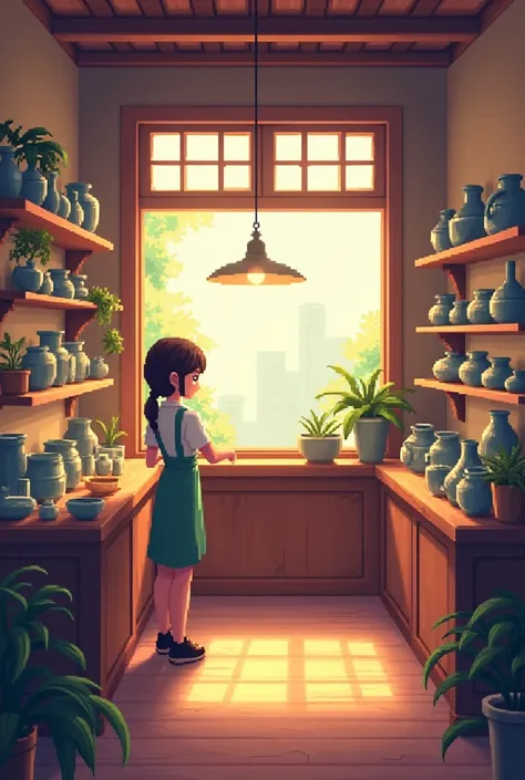  The window has soft light passing through ， warm colors ， There is a shopkeeper behind the counter ，There is a shelf in the background ， “The interior of a small pixel-style store {x} has ceramic vases and other items on it， There are small props next to ...