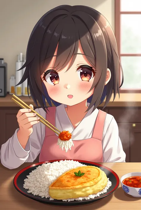 The girl is eating rice and an omelet with relish.Anime style.