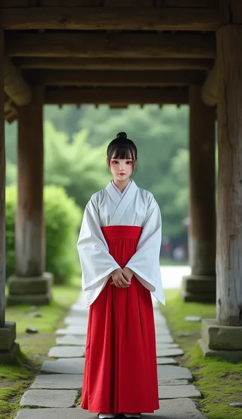 A young Japanese shrine maiden, dressed in traditional white and red attire—a crisp white upper garment and vibrant red hakama—stands poised on the moss-covered stone pavement of an ancient Shinto shrine. She gazes directly at the viewer with a calm and se...