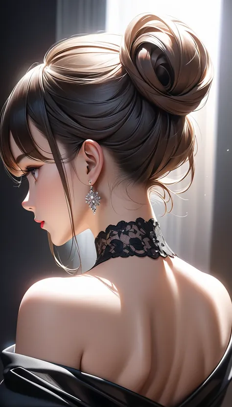 ultra-realism,from above side, neck focus, best quality, beautiful womans curves from ear to nape, close-up, updo hairstyle, captivating lighting