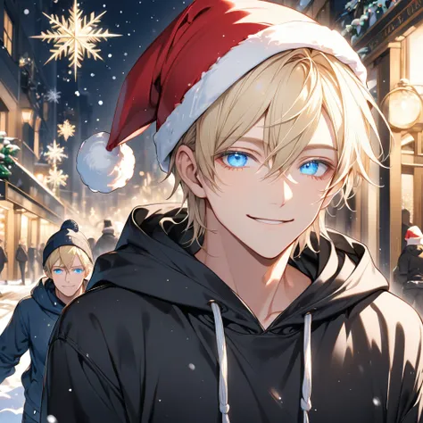 male, 25 years, Blonde,  blue eyes、smile and cold eyes , Santa hat,  Black Hoodie 、 black jeans