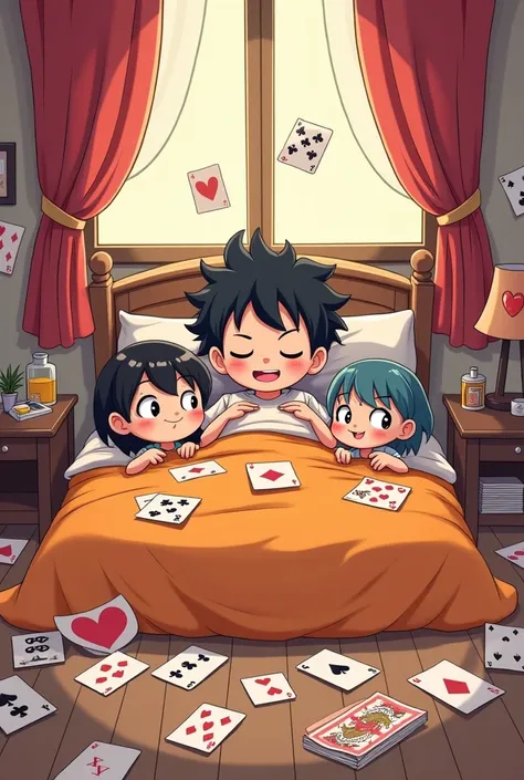 Cartoon boy lying with indecent girls in bed and playing cards scattered around the stage for the cover of the song