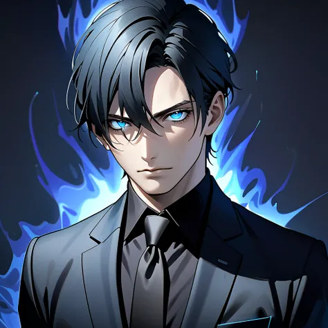   black hair,   sharp eye, Lewd Eyes, male　blue glowing eyes　Short Hair　  handsome, ,  business suit　Portraiture　 upper body　 Snapshots　 cowboy shot , with deep black background blue aura