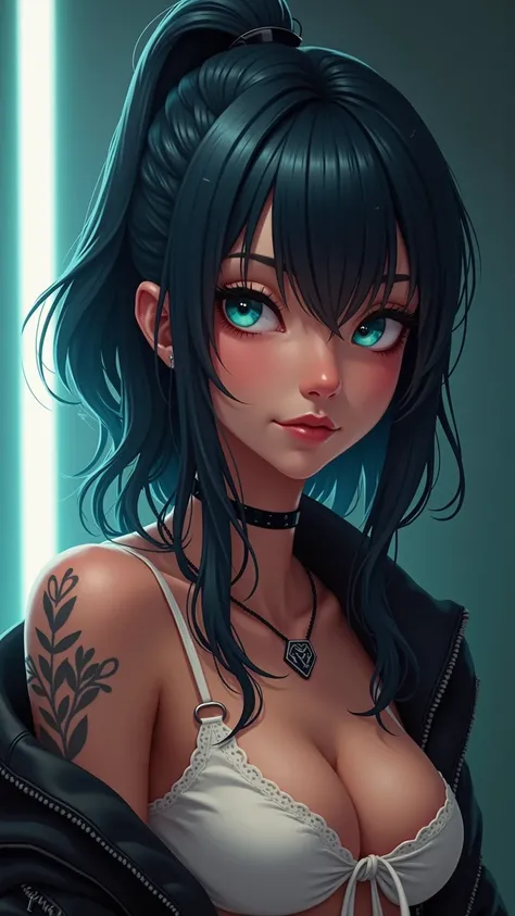 masterpiece:1.3,  top quality , ultra-high resolution,  Super Detailed ), (realistic, photorealistic:1.4),  Beautiful illustration ,
 Perfect lighting,  close up,   Aqua Blue Eyes , Tattoo, dark skin， Blue Black Hair ，
 natural light,  Depth of writing bou...