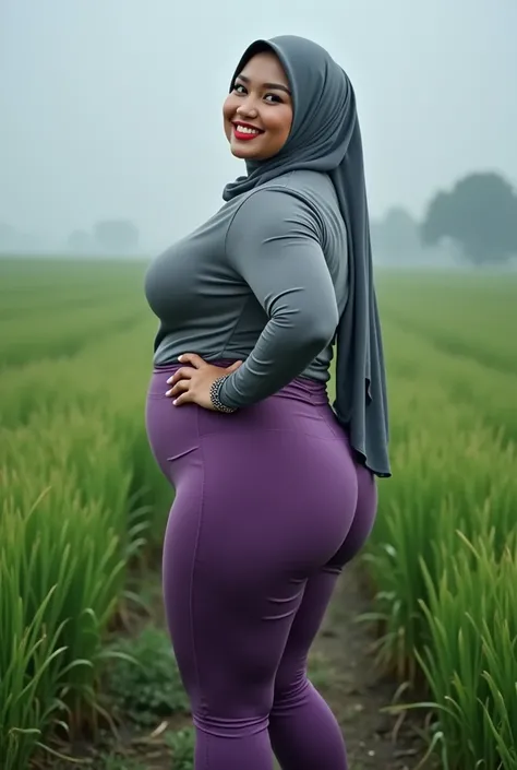 indonesian aunty , Gray pasmina hijab , and ((  wears slimfit model leggings of purple color  )), 
Baand montok padat berisi , large round buttocks ,  bulging round breasts , thick red lips , sensual smile face  ((staring into the camera )), 
 Pose standin...