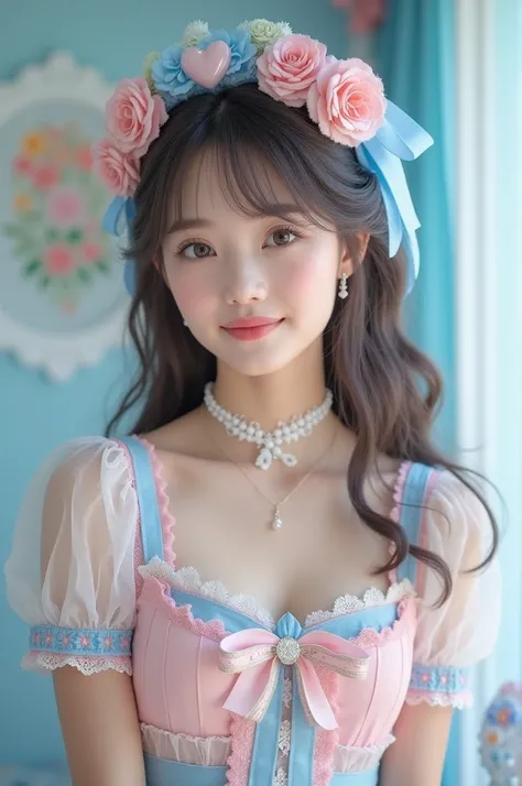 (Highest quality、masterpiece、8k、Best image quality、Hyperrealism、Award-winning works)、15-year-old cute beautiful girl、(alone:1.1)、(1 photo:1.1)、(cute, Girlish, A sheer lolita dress in light pink and light blue:1.2)、(Cute Girlish big ribbon:1.1)、(Cute and lu...