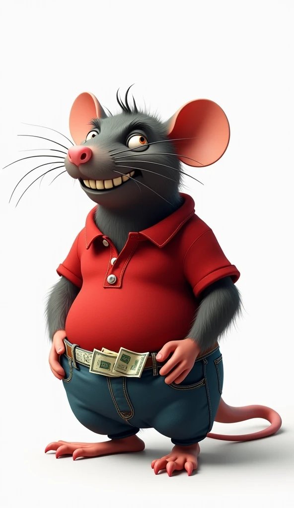 giant rat , Machiavellian smile, red polo shirt,  white background , He has bundles of banknotes in his pants bags, greedy look  