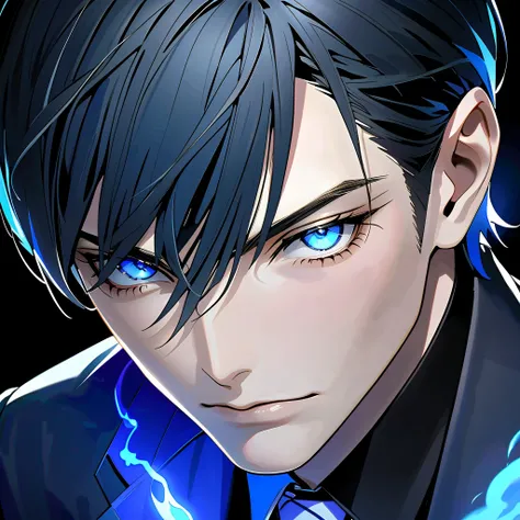   black hair,   sharp eye, Lewd Eyes, male　blue glowing eyes　Short Hair　  handsome, ,  business suit　Portraiture　 upper body　 Snapshots　 cowboy shot , with deep black background blue aura