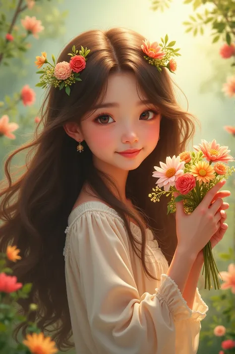 cute girl pinning flowers in her long beautiful hair