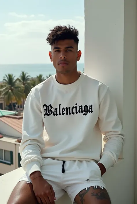 Dominican boy with thick eyebrows ,perfect lips marked mandible white eyes brown skin with tattoos very short taper fade cut smiling wearing a white sweatshirt that in Gothic letters says Balenciaga with white drip shorts sitting on a balcony accompanied b...