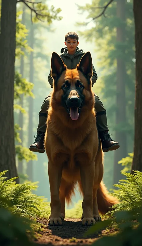 a photorealistic image of a person riding a very large german shepherd dog, the person appears small compared to the dog in a forest environment