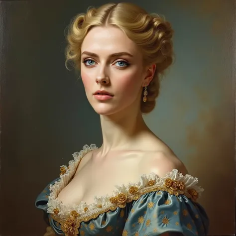 1850, (oil portrait), passport photo angle, blonde aristocratic woman, 1850s Dress, Both body and face facing forward, masterpiece