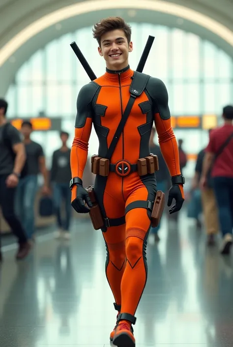 a 17-year-old male wearing an orange deadpool costume,no mask , facial expression is smiling, is walking , airport room background , Bright light ,orang orang  is walking ,realistic image,HD quality,full body