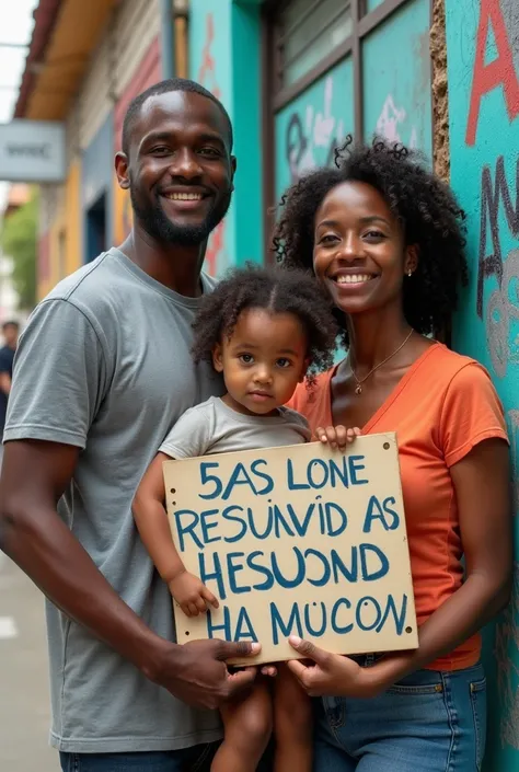 arafed photo of a man and woman and a  holding a sign, a picture by david rubín, instagram, graffiti, photo of the girl, 30-year-old woman from cuba, husband wife and son, boy and girl, 3  brazilian mother, with a , light skinned african young girl, aww, 🤬...