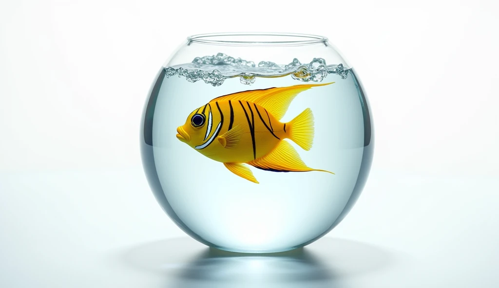 A sleek tropical fish with bold yellow stripes swimming in a spherical glass bowl, sparkling with reflections, displayed against a bright white background, radiating exotic charm