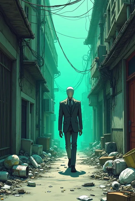 texturas,calligraphic line art  , a mannequin wearing a gray suit leaving an alley full of garbage and behind him a dimension of turquoise green glass is closing in 
, ink color style  ,anime, intricate details ,  sharp focus,  high resolution
