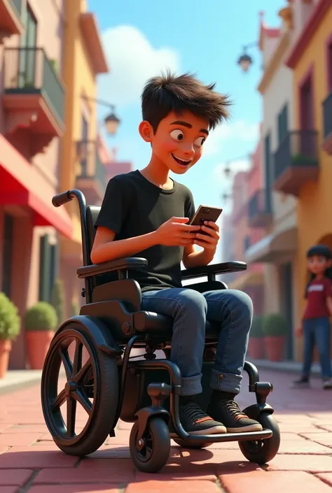  Create for me a young character in a wheelchair using his cell phone and running around in a black shirt, elegant cargo jeans .: Disney Pixar 