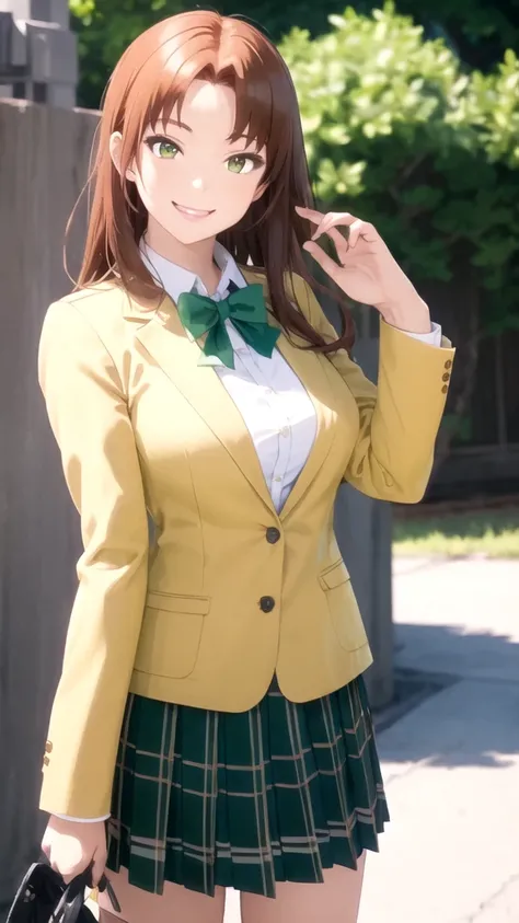 masterpiece, best quality, girl, solo, looking at viewer, tetsuhiko_kai, large breasts, school uniform, green bowtie, blazer, yellow jacket, long sleeves, plaid skirt, green skirt, standing, cowboy shot, outdoors, smile,