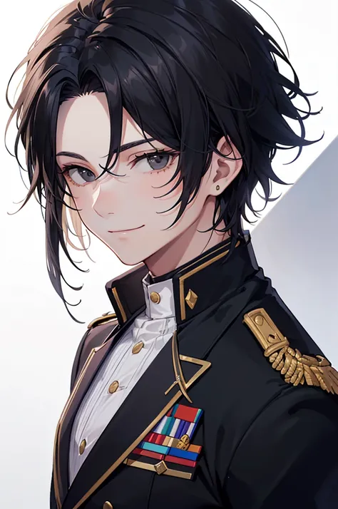 Masterpiece, ((1 male)), ((Best Quality)), (Ultra-detailed), Highly detailed, (Portrait), ((Handsome Male, Handsome Man, Black hair, Black eyes)), ((17-years-old, Young Male)), ((White Skin)), ((Black Military Blazer Uniform, Black Blazer)), (detailed face...