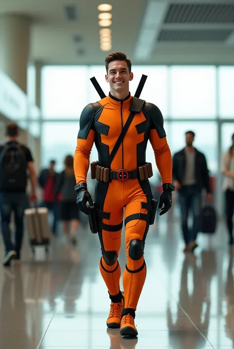 a 20 year old male wearing an orange deadpool costume,no mask , facial expression is smiling, is walking , airport room background , Bright light ,orang orang  is walking ,realistic image,HD quality,full body