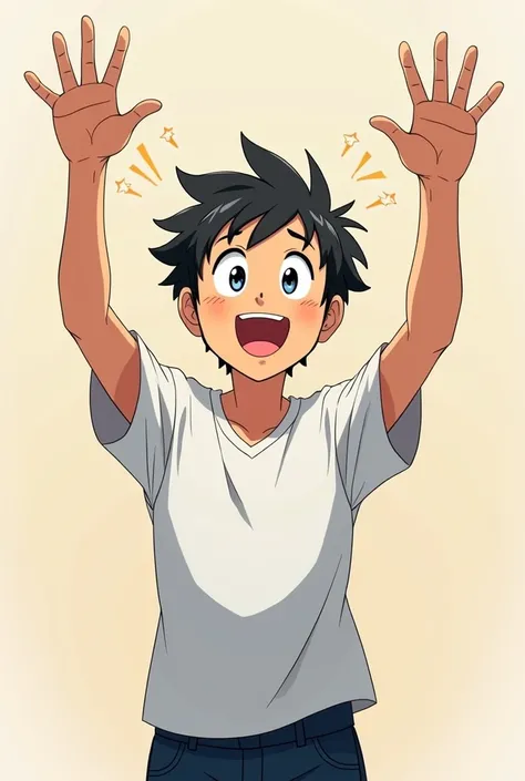  Create an image of a happy man raising both hands as if he were showing something. With anime texture