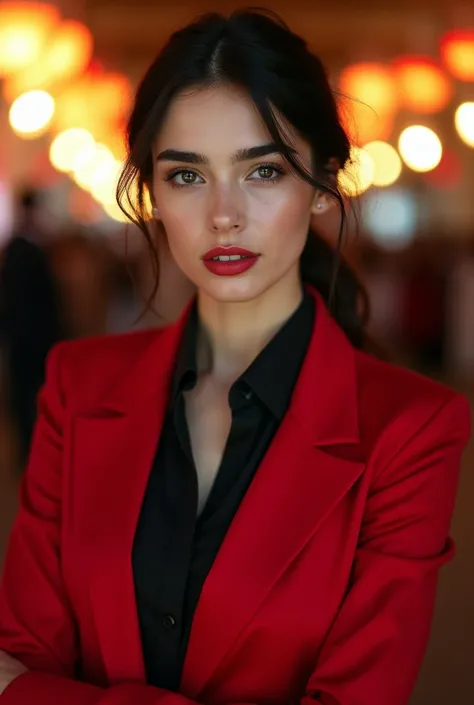 Photo of a beautiful and fit girl with tied black hair wearing a red suit and black blouse with a Yalda Night theme and looking directly at the camera.