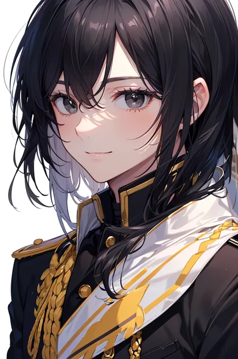 Masterpiece, ((1 male)), ((Best Quality)), (Ultra-detailed), Highly detailed, (Portrait), ((Handsome Male, Handsome Man, Black hair, Black eyes)), ((17-years-old, Young Male)), ((White Skin)), ((Black Military Blazer Uniform, Black Blazer)), (detailed face...